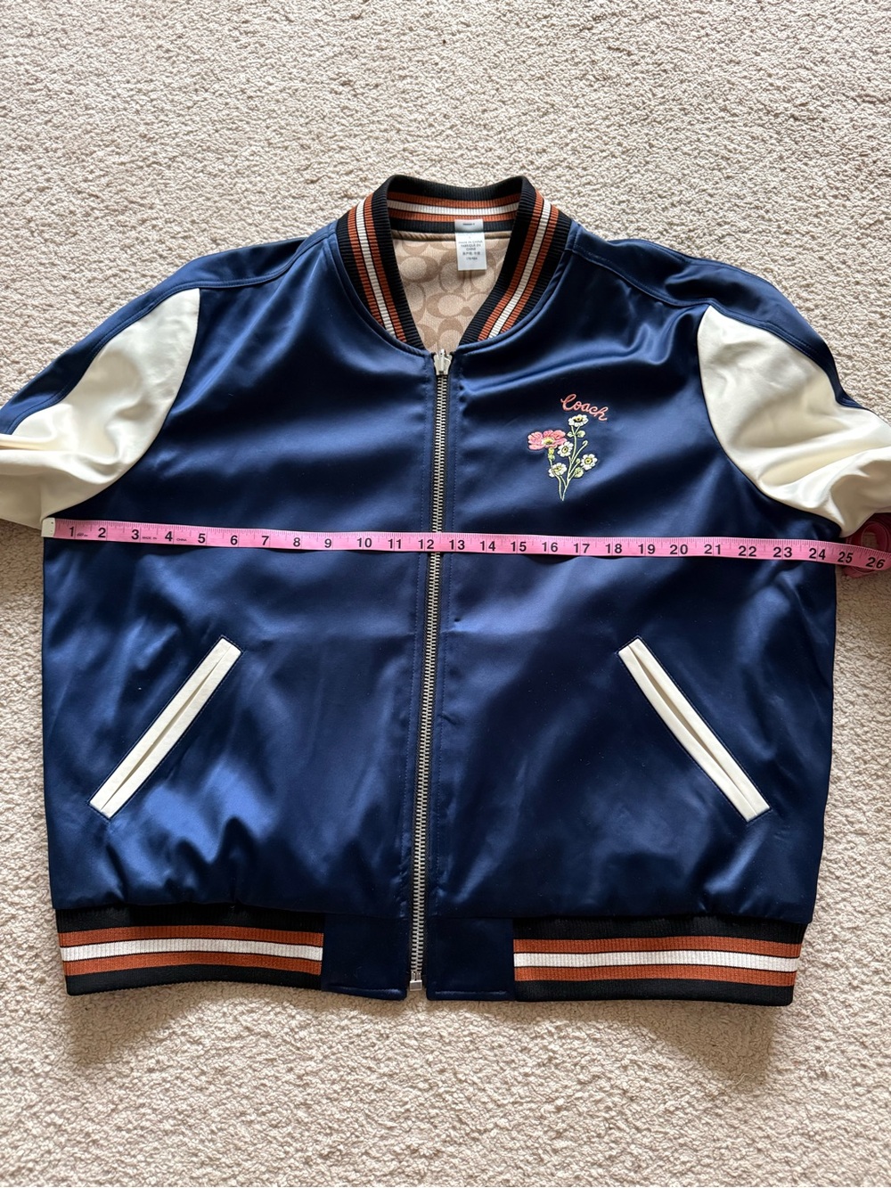 Coach Reversible Navy Bomber Jacket with Cream Sleeves and Floral Embroidery - Picture 9 of 11